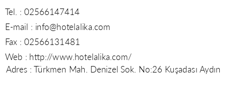 Alika Hotel telefon numaralar, faks, e-mail, posta adresi ve iletiim bilgileri